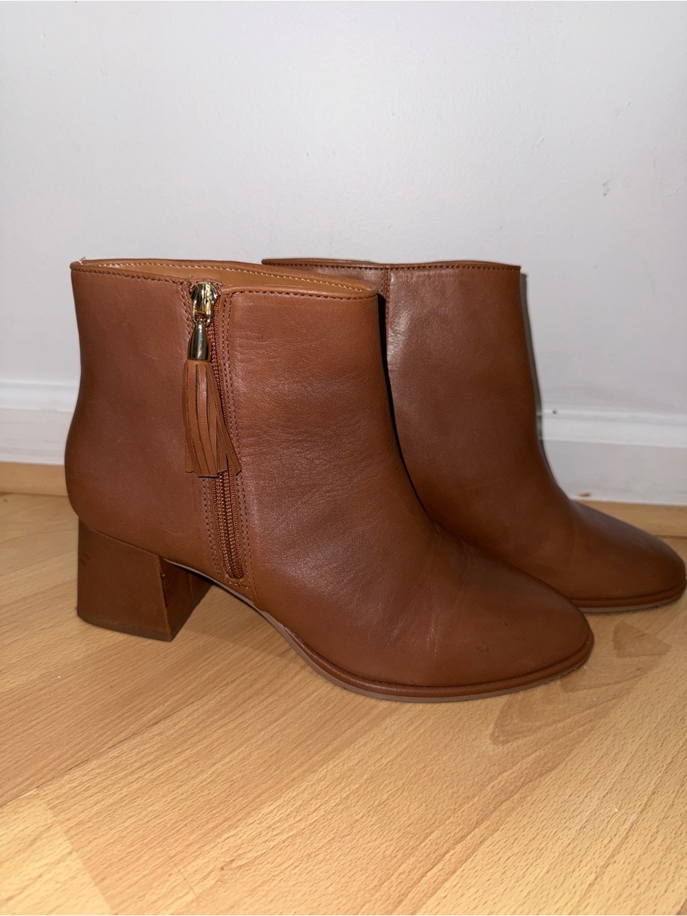 Talbots Cognac Leather Tassel Zip Ankle Booties